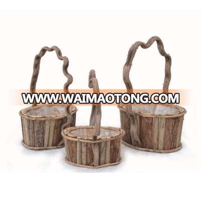 Wooden Bark Flower Planter with Rattan Handle In Three Sizes